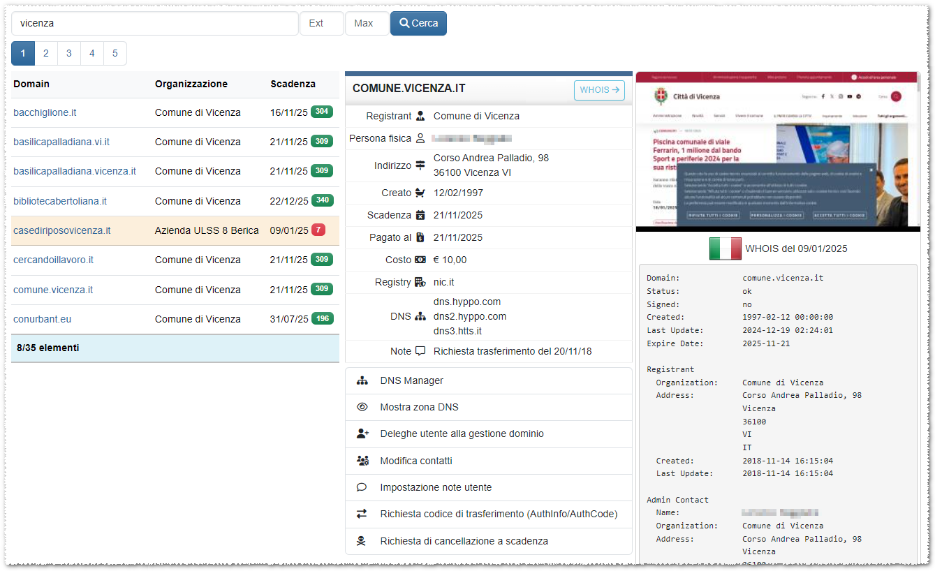 Pannello di gestione domini hyppoCom - Elenco domini