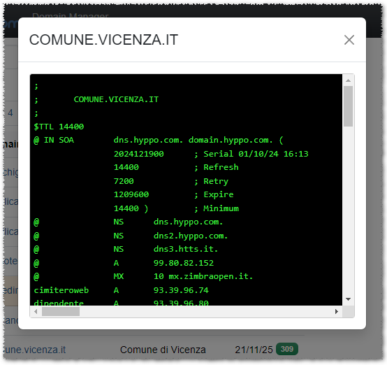Pannello di gestione domini hyppoCom - Visualizzazione zona DNS