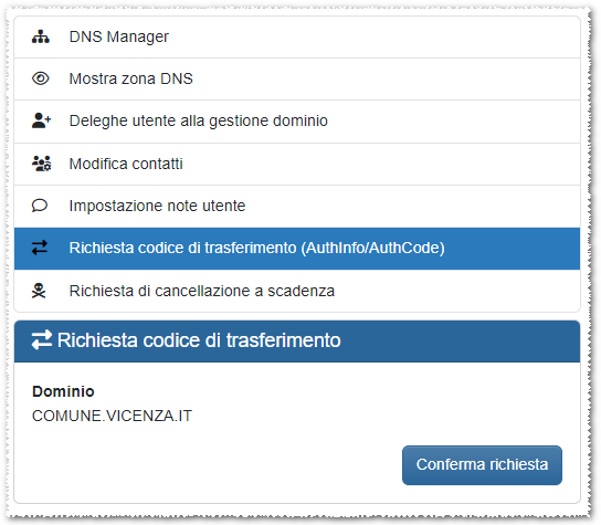 Pannello di gestione domini hyppoCom - Richiesta dei codici di trasferimento