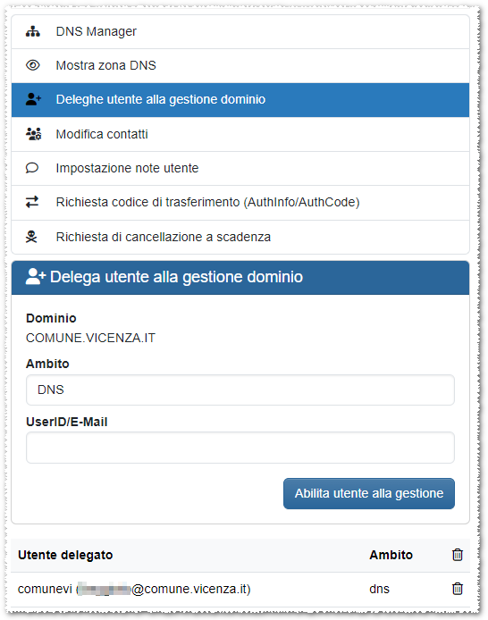 Pannello di gestione domini hyppoCom - Delega gestione ad altro utente
